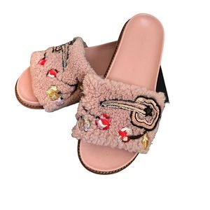 Coach Fluff Slides Light Pink Women’s 9 Sequin Faux Fur
